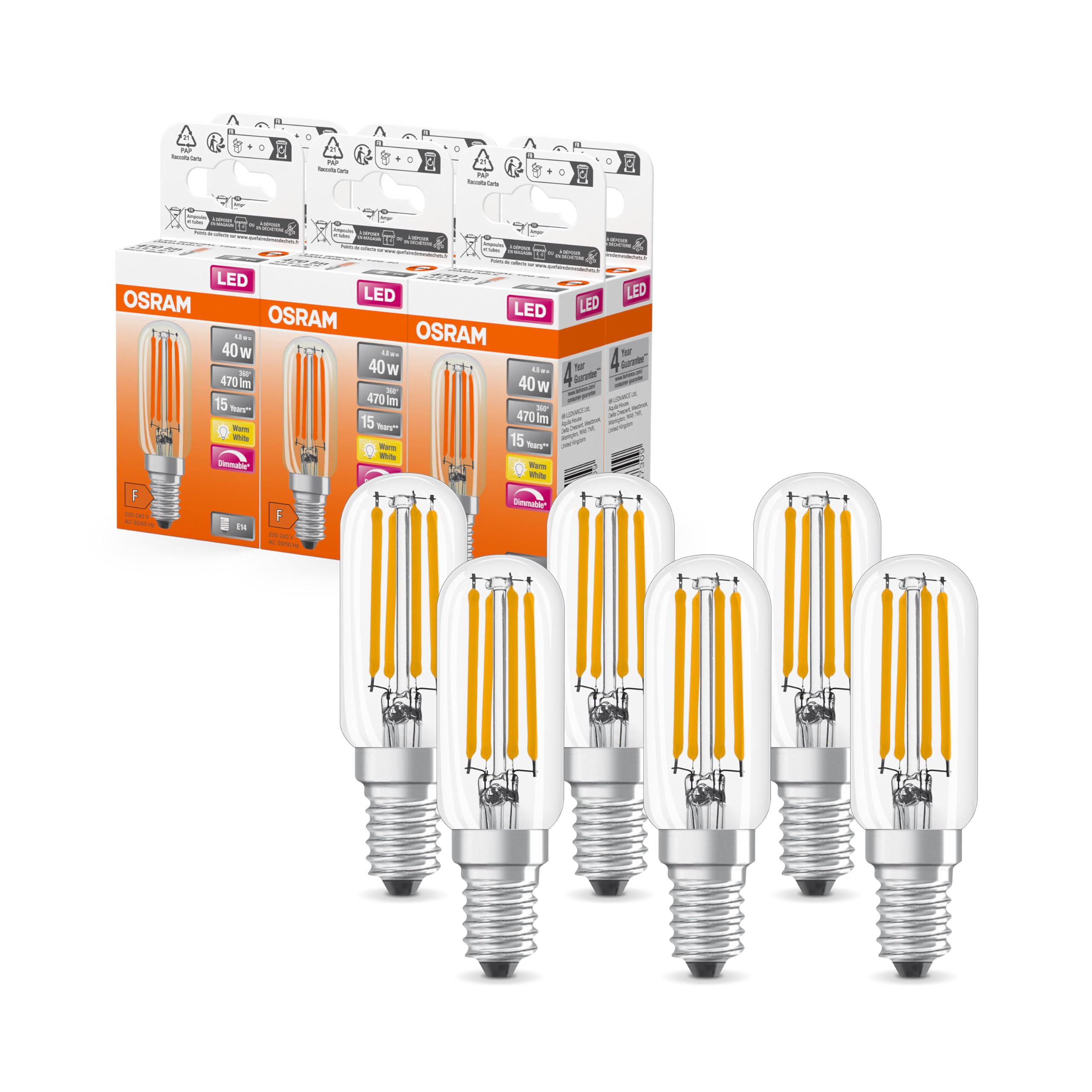 Osram LED Special LED-Lampe in Tropfenform, klar, multicolor, 4.8 W, 470 lm, 2700 K für warmweißes Licht, E14 Sockel, 25 mm Durchmesser, EEK F, dimmbar, 6-Pack