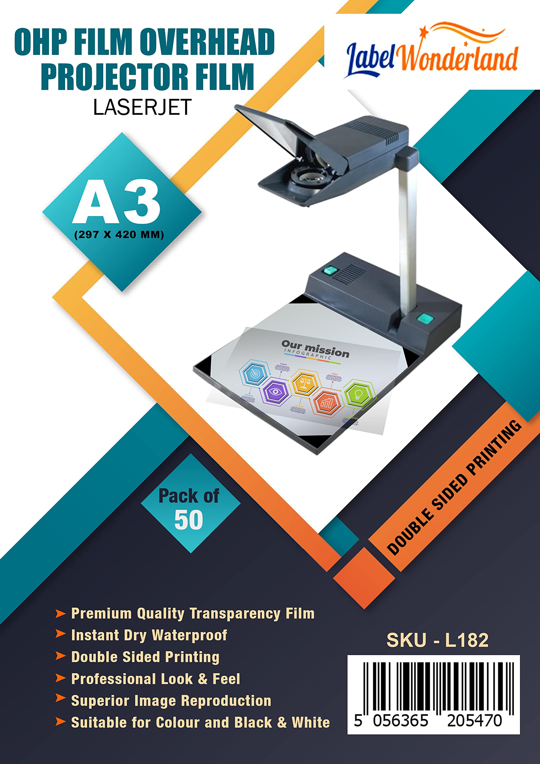 Pack of 50 - A3 OHP Film Overhead Projector Film for Laser Jet Printer and Copier Transparency Film 100 Micron (297 x 420 mm)