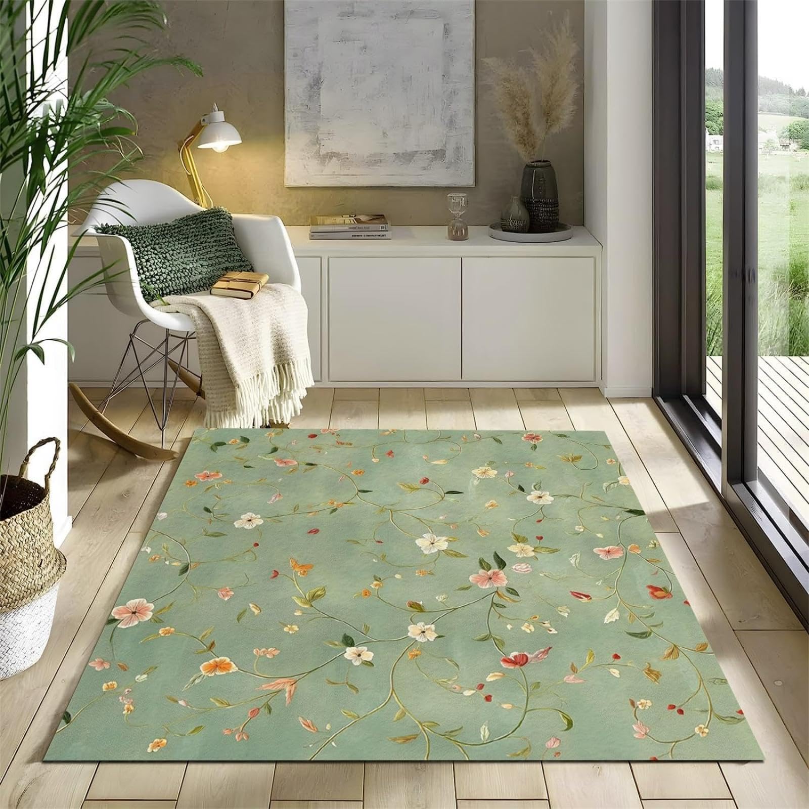 Tappeto antiscivolo Elegante trama floreale, tappeti lavabili Soggiorno Camera da letto 120x150cm Fiori e viticci Tappeti soffici a pelo corto, Decorazione tappeto per bambini verde salvia