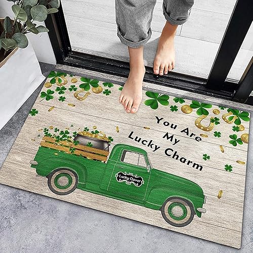 Atsbh Green Farm - Tapete para puerta de camión con tablón tapete para baño día de San Patricio hoja de trébol de la suerte tapete antideslizante