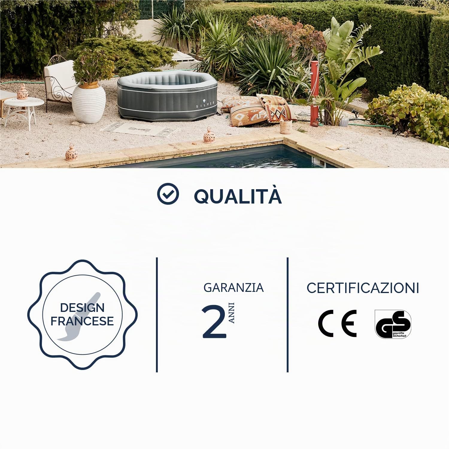 NETSPA - Spa gonfiabile Octogonale SP-SLV155D - 5/6 persone - Silver - 195x195x70Cm - Copertura PVC Laminato Foglia Alluminio - Liner Esterno PVC Laminato