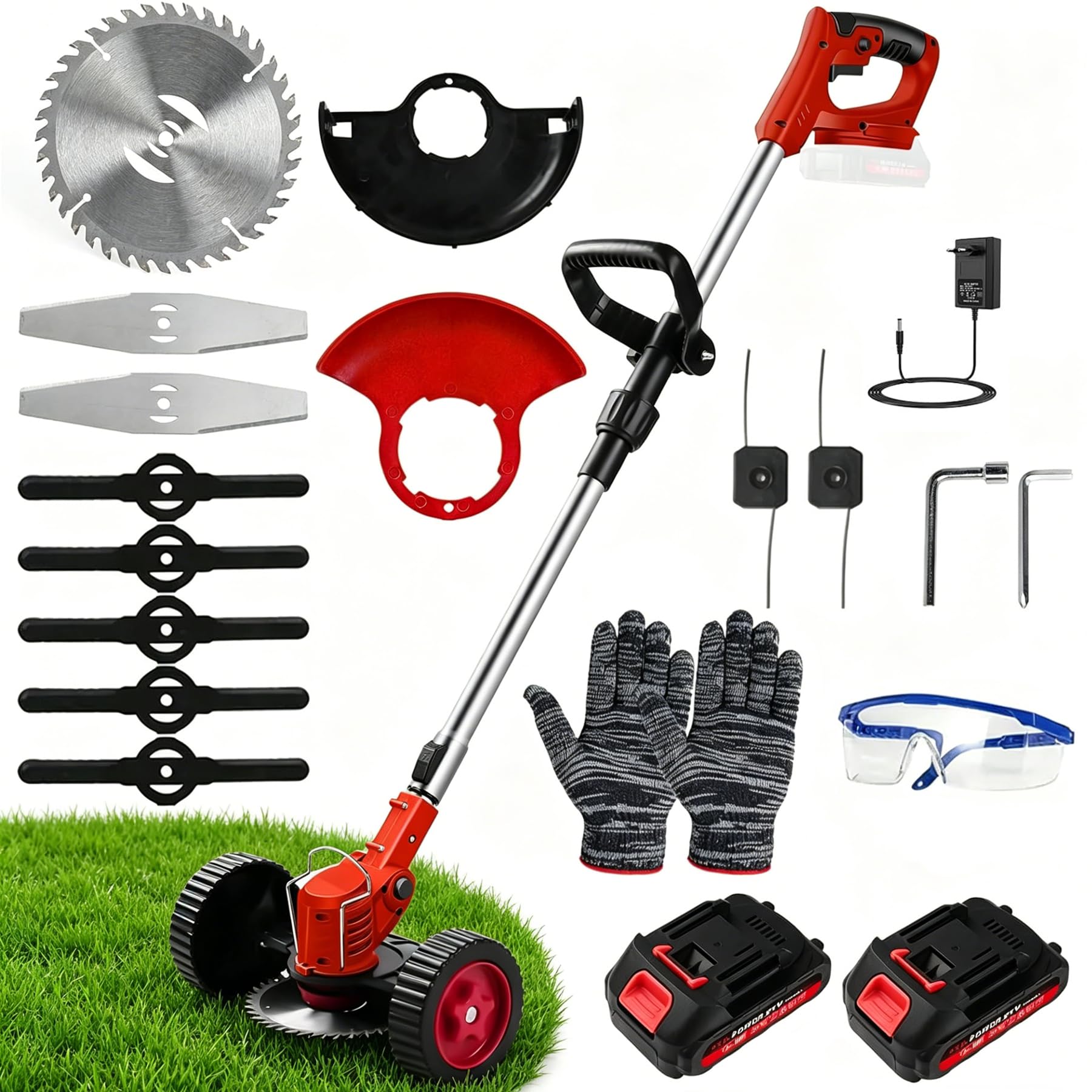 Desbrozadora Bateria con Ruedas, Desbrozadora Electrica Inalámbrica 21V, 2 Baterías de 1,5 Ah, 4 Tipos de Cuchillas, Plegable, Cabezal Ajustable 90° y Mango Telescópico para Jardín y Podar
