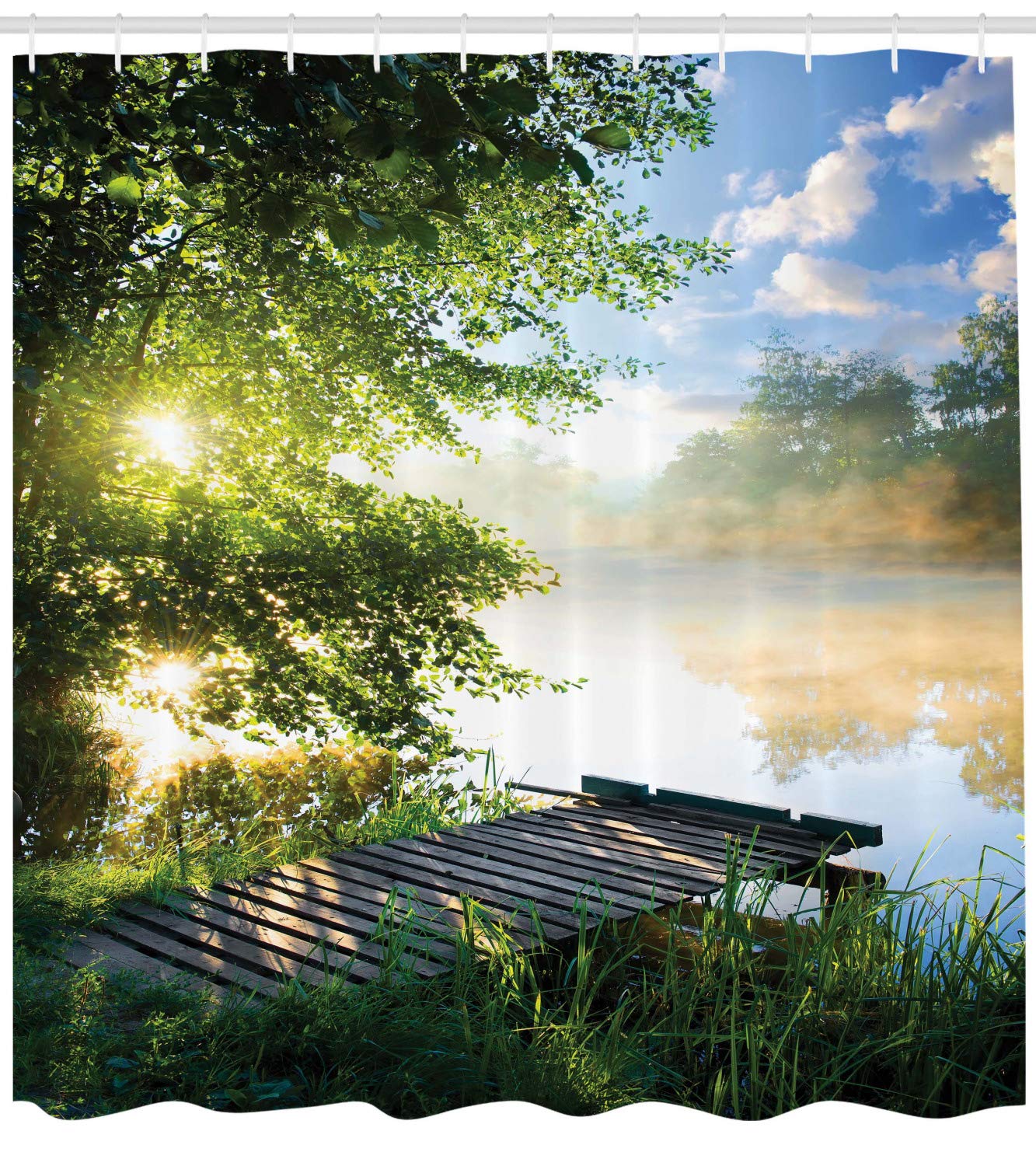 ABAKUHAUS Landscape Shower Curtain, Fishing Pier by River in the Morning Clouds and Trees Nature Image - Image 2