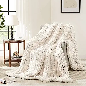 L'AGRATY Chunky Knit Blanket - Soft Chunky Throw 60x80 inches: 100% Hand Kintted Chenile Crochet Throw for Couch - Large Cable Knit Blanket for Home Decor (Ivory)
