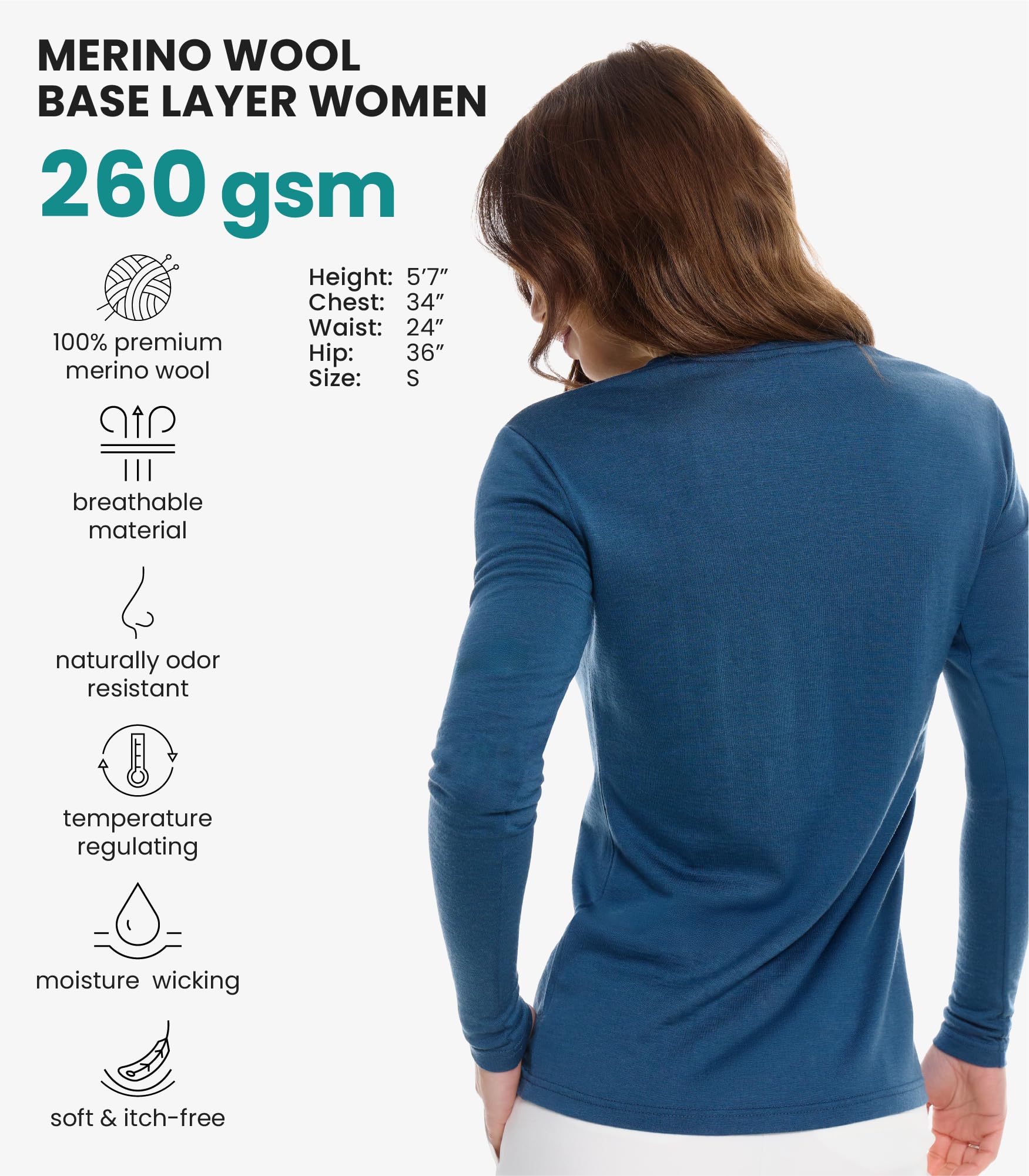 Merino.tech Сamisetas Mujer Manga Larga - 100% Lana Merino Ropa Termica (Large, 190 Denim Scoop)
