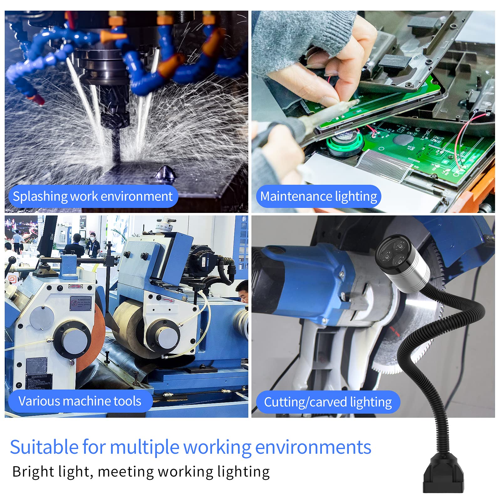 Luce da lavoro a LED, 9 W, 230 V, 500 mm, base fissa, flessibile, per tornio CNC, utensile industriale (spina UK)