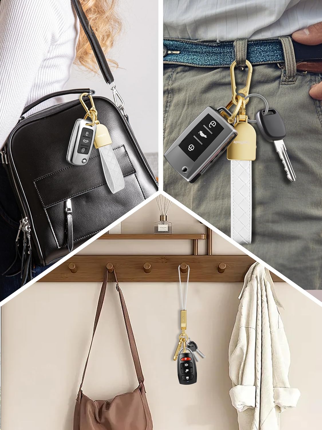 TopMade Keychain, Works with Apple Find My, Premium Handmade Knit Leather Car Key Chains for Women & Men, Smart Tracker Tag, Anti-Lost Key Finder, Universal Key Fob Holder, IP67 Waterproof, White