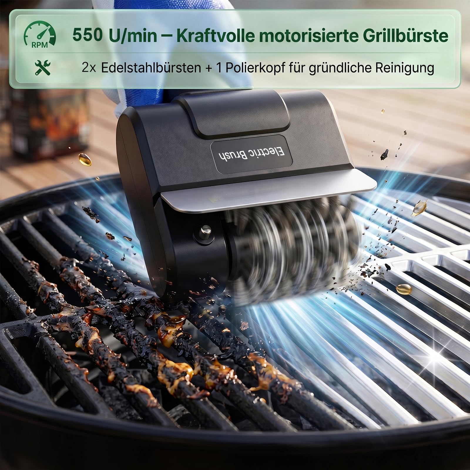 Elektrisches Grillbürstenkabelloser Reiniger mit 2000mAh Akku, 550U/min Motor & Doppelsicherheitsschloss, Kabelloser BBQ Grillreiniger mit 2 Edelstahl-Bürstenköpfen Type-C Ladung für Grillrost