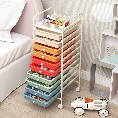 Miniatura 7 de Carrito rodante con 10 cajones de almacenamiento, carrito utilitario con cajones de plástico extraíbles, ruedas con cerradura, carrito de arte para