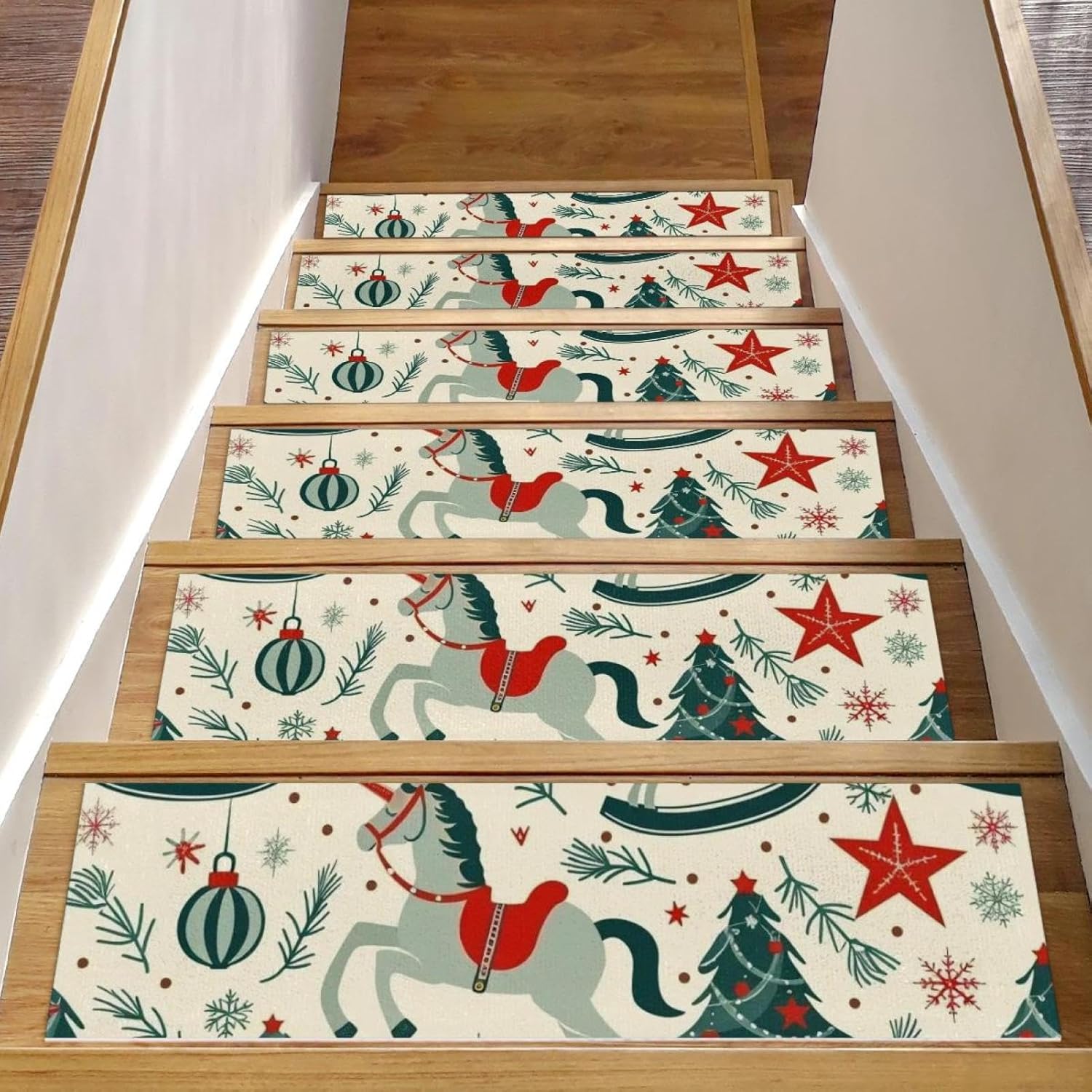Self Adhesive Residue Free Machine Washable Reusable Stair Treads Non Slip Steps Retro Christmas and New Year 3 Stair Runner Indoor – 15 Pack 30″X8″ Anti Slip Mats