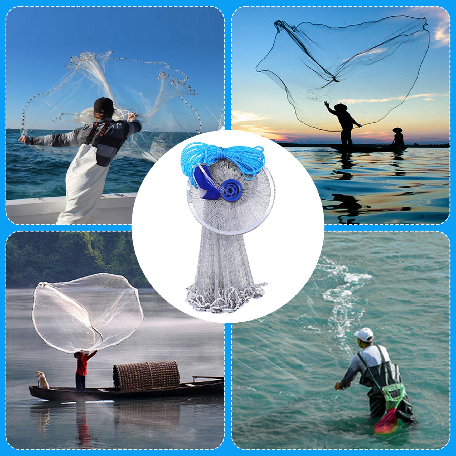 Red de Pesca de Lanzamiento Manual de 8 pies con Pesas, fundición Profesional de Nailon con Anillo de Aluminio, fundición de Pesca para Peces de Cebo de Agua Dulce y Salada