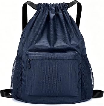 TYGELLUIS Waterproof Drawstring Backpack with Water Bottle Pocket, Navy