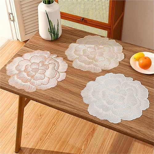 Miniatura 4 de Juego de 6 manteles individuales redondos de PVC con diseño de flores, manteles individuales huecos para mesa de comedor, manteles individuales