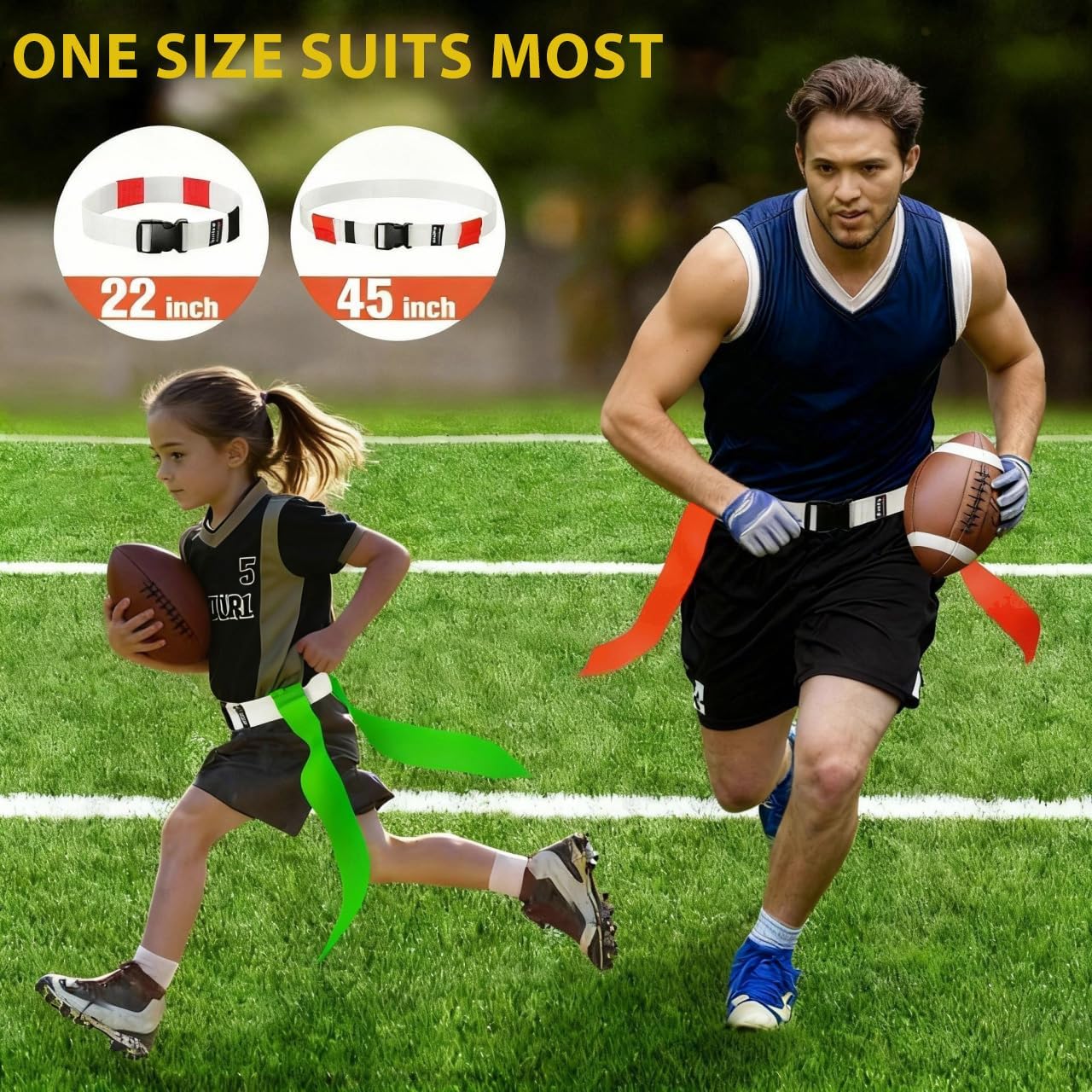 Flag Football Set, 28 Players Flag Football Belts for Kids Adults, Red and Yellow Flags and Orange and Bright Green Flags Bundle