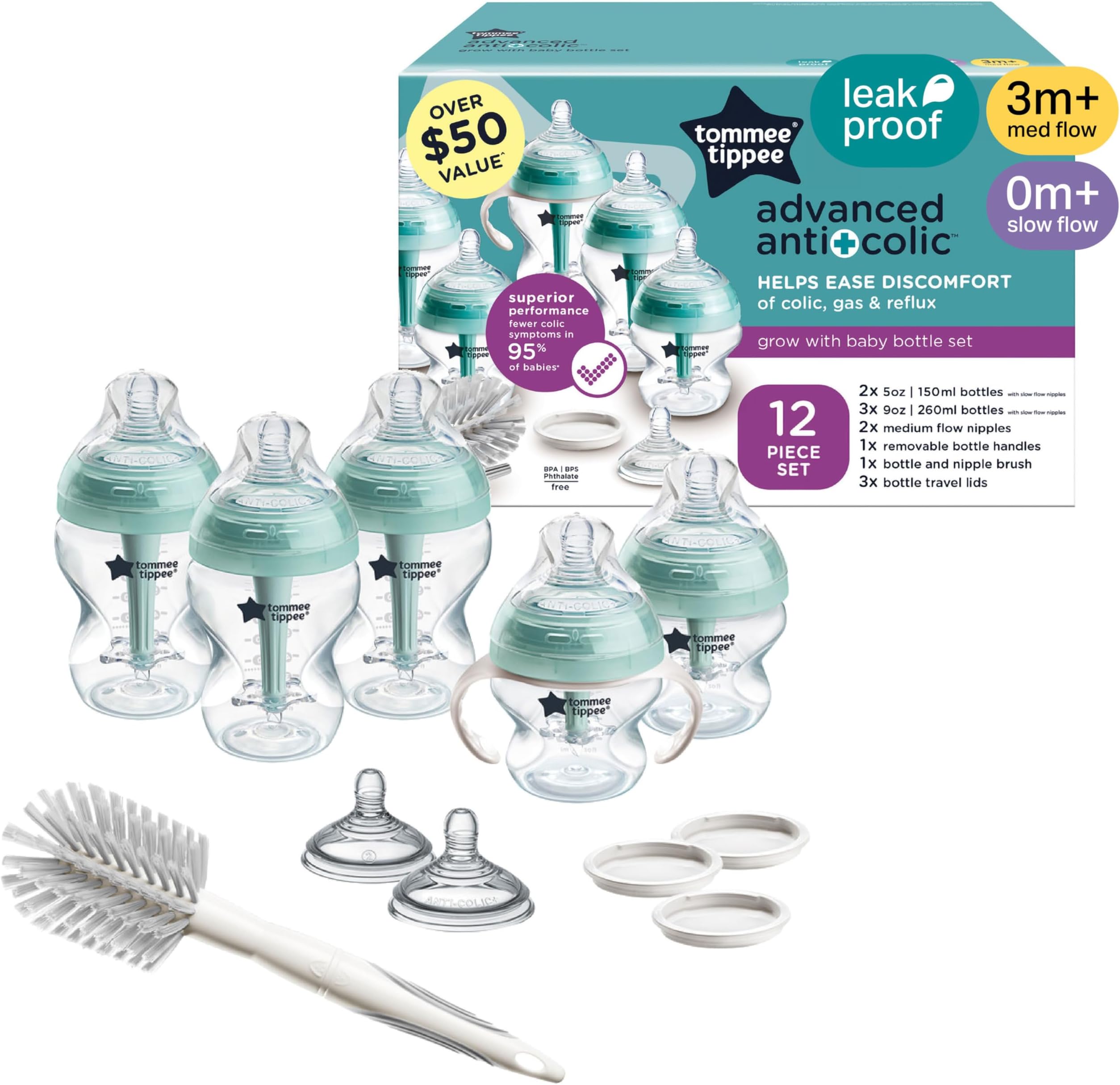 Tommee Tippee Advanced Anti-Colic 12 Piece Set, 5 oz and 9 oz BPA Free Bottles, Newborn 0+ Months, Includes Slow & Medium-Flow Breast-Like Nipples and Bottle Handles and Cleaning Brush