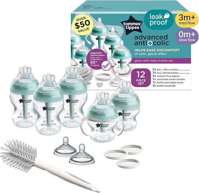 Ensemble avancé anti-colique Tommee Tippee de 12 pièces, biberons de 5 oz et 9 oz sans BPA, nouveau-né 0+ mois, comprend tétines à débit lent et moyen semblables à un sein, poignées de biberon et brosse de nettoyage