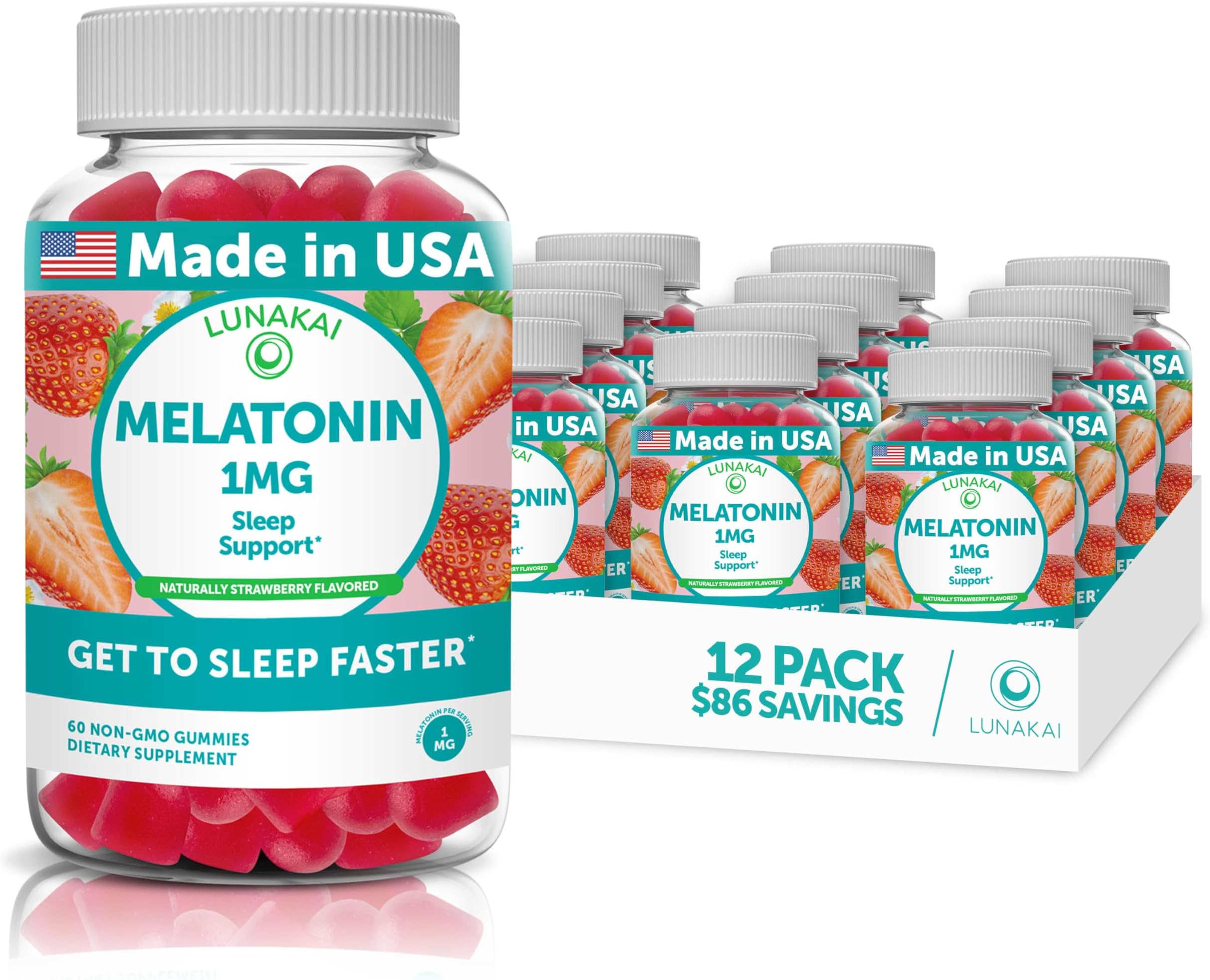 Lunakai Low Dose Melatonin Gummies 1 mg - Tastiest Proprietary Formula - Non-GMO Sleep Vitamins for Adults, Kids, Toddlers - Vegan Gummy for a Gentle Sleep - Natural Sleeping Vitamins - 12 Pack
