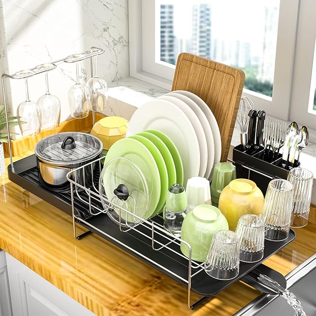 KINGRACK Expandable Dish Drainer Rack with Removable Utensil Holder, Dish Rack Drainers for Small Kitchen Countertop, Wine Glass Holder and Cup Holder with Drainboard Set, Black