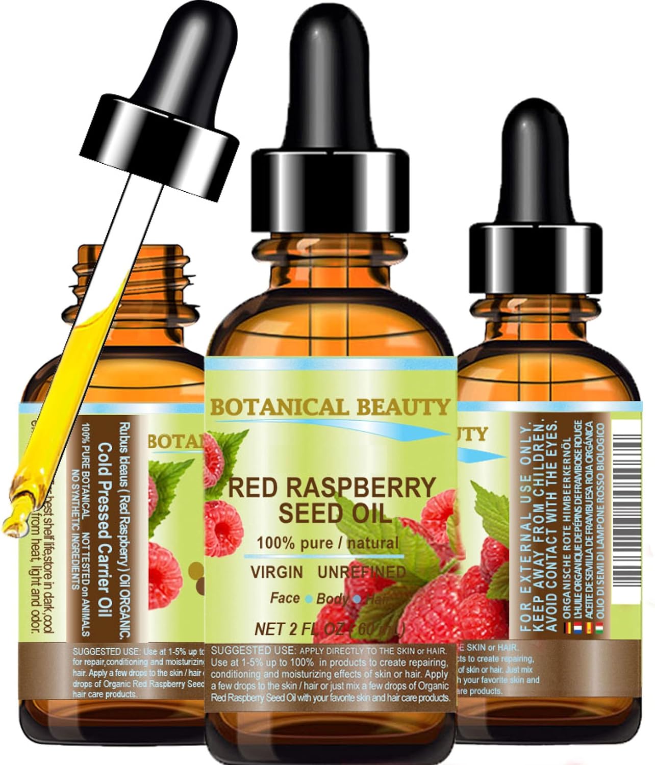 Botanical Beauty Organic RED RASPBERRY SEED OIL 100% Pure Natural Undiluted Virgin Unrefined Cold Pressed Carrier Oil for Face, Skin, Hair, Lip, Nails (2 Fl Oz 60 ml)