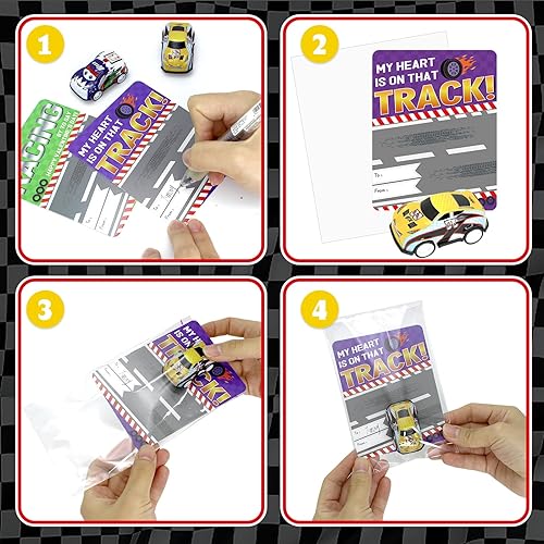 Miniatura 4 de Tuzuaol 28 tarjetas de regalo para el día de San Valentín con 28 mini autos de tracción para niños y niños, juguete de intercambio en el aula