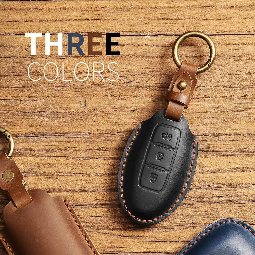 HIBEYO Key Fob Cover for Qashqai Quest Rogue Sentra Sunny Teana Titan Versa X-Trail Infiniti Q70 QX50 QX70 Car Accessories with Keychains 3 Button Leather Key Case-Brown