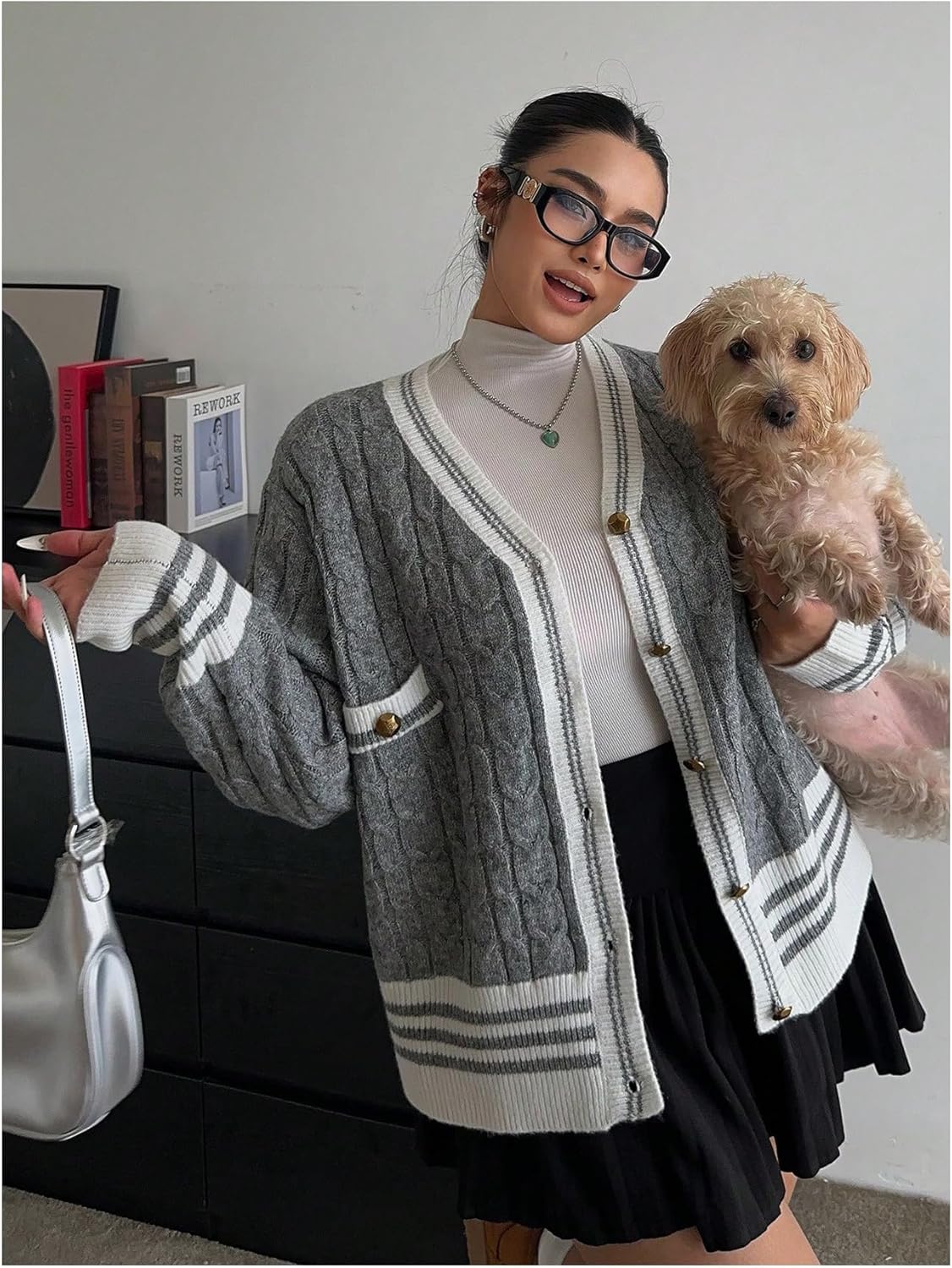 MakeMeChic Women's Plus Size Cardigan Sweater Striped Button Down V Neck Long Sleeve Cable Knit Sweater - Image 4