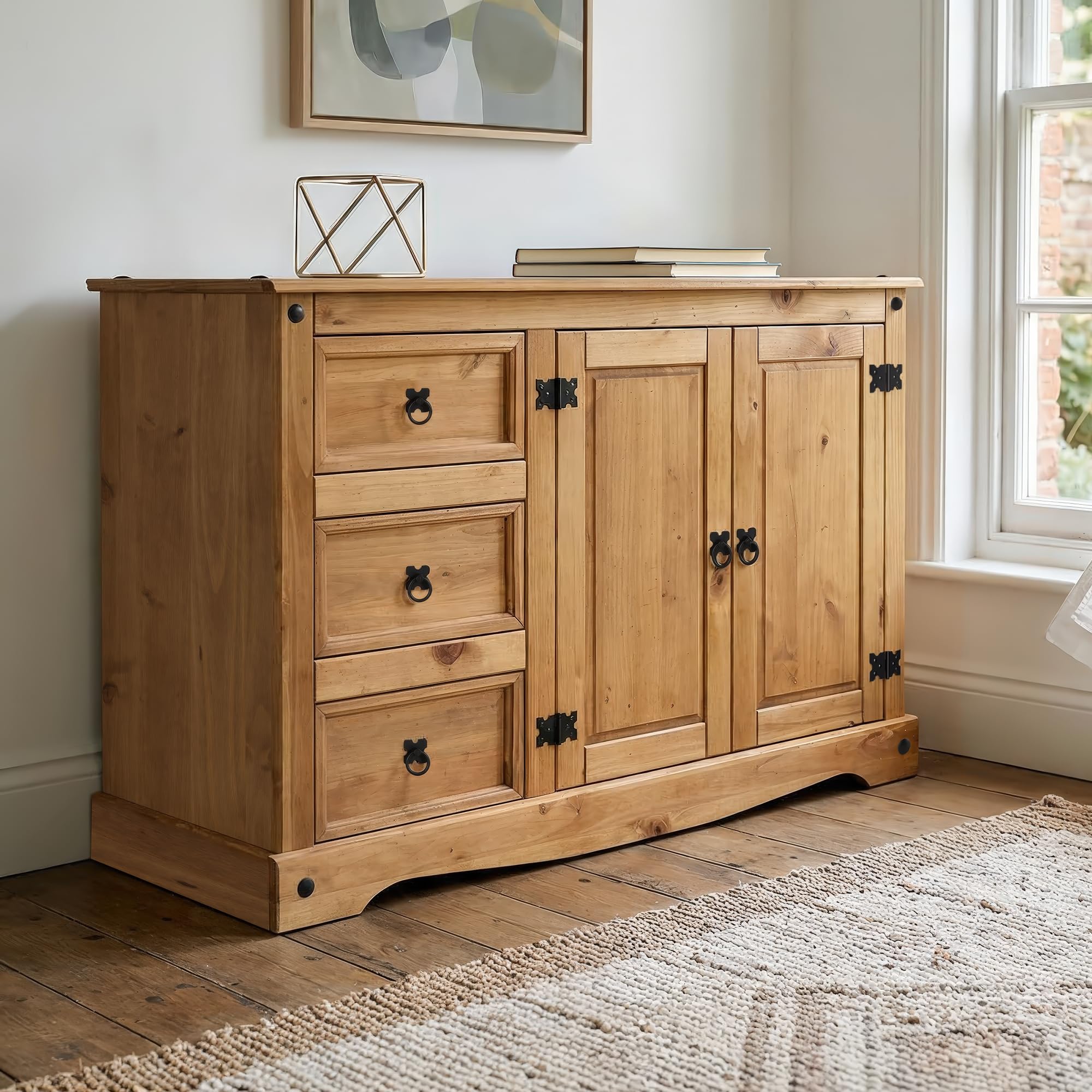Mercers Furniture Trade Corona Low Sideboard Light Fiesta Wax Solid Wood Pine Wooden Dresser Doors And Drawers Mexican Style Living Room Dining Hallway Office 76cm High 120cm Wide 38cm Deep