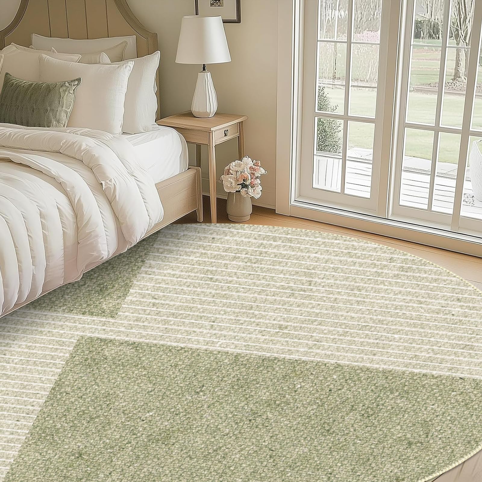 Tapis de salon rond 80 cm, moelleux à poils courts avec design géométrique vert et beige, antidérapant et lavable, pour le salon ou comme descente de lit, en vert, beige