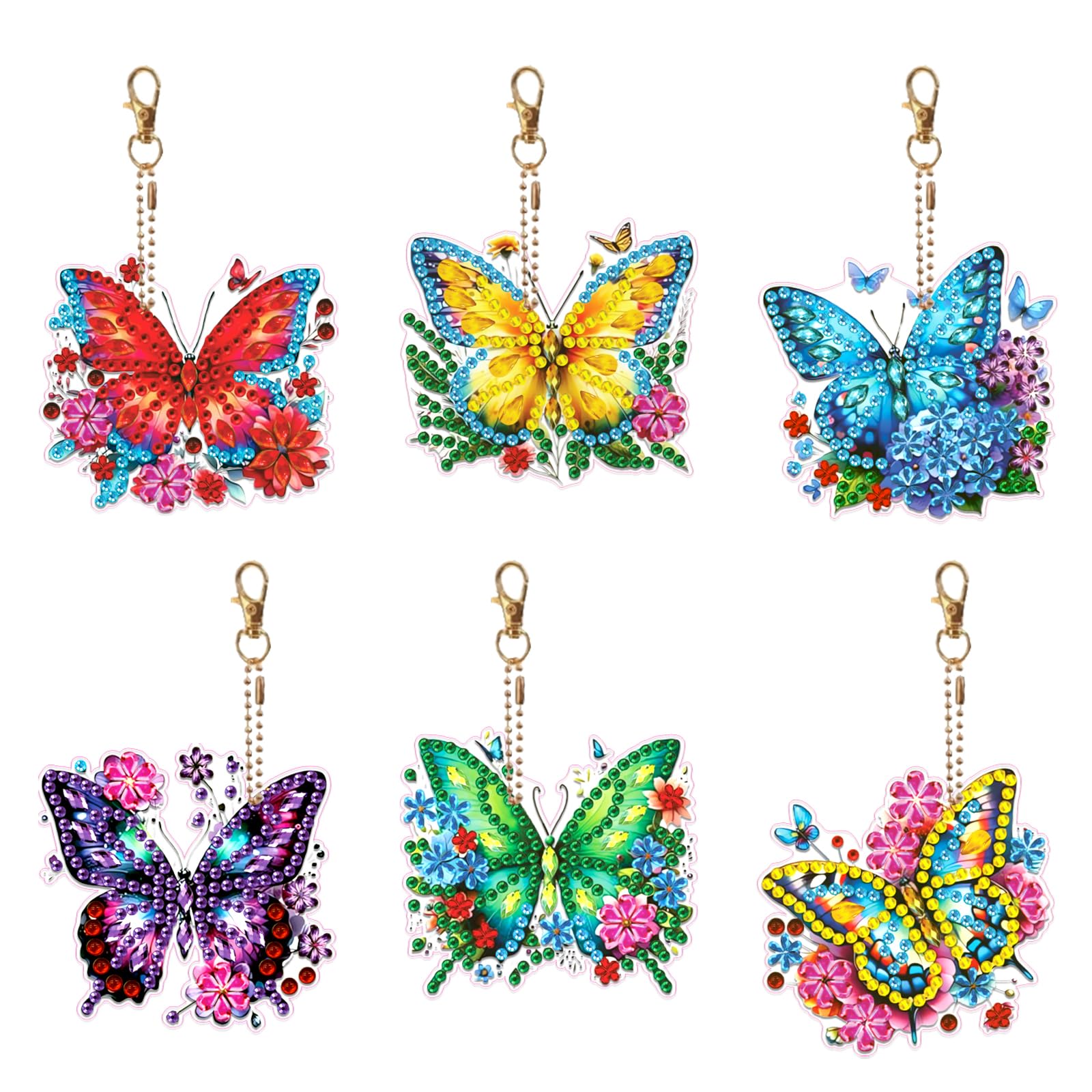Zamety 6 Pcs Diamond Painting Keychains, Butterflies Diamond Art Keyrings, DIY Gem Art Kits Keychains, 5D Crystal Art Kits Pendant for Keys Bags Purse Handbag