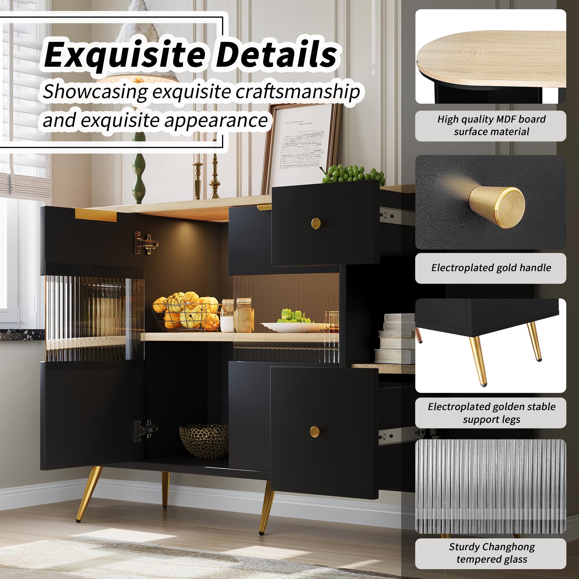 Credenza 130x35x68cm Con 4 Ante Scorrevoli In Vetro E 4 Ante Battenti Nere Led Incluso