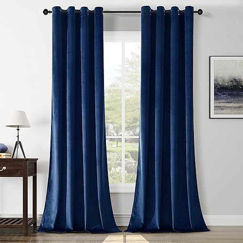 Cortinas opacas de terciopelo aplastado azul marino de 84 pulgadas de largo, con ojales, para dormitorio, bloqueo de luz, aislamiento térmico, juego