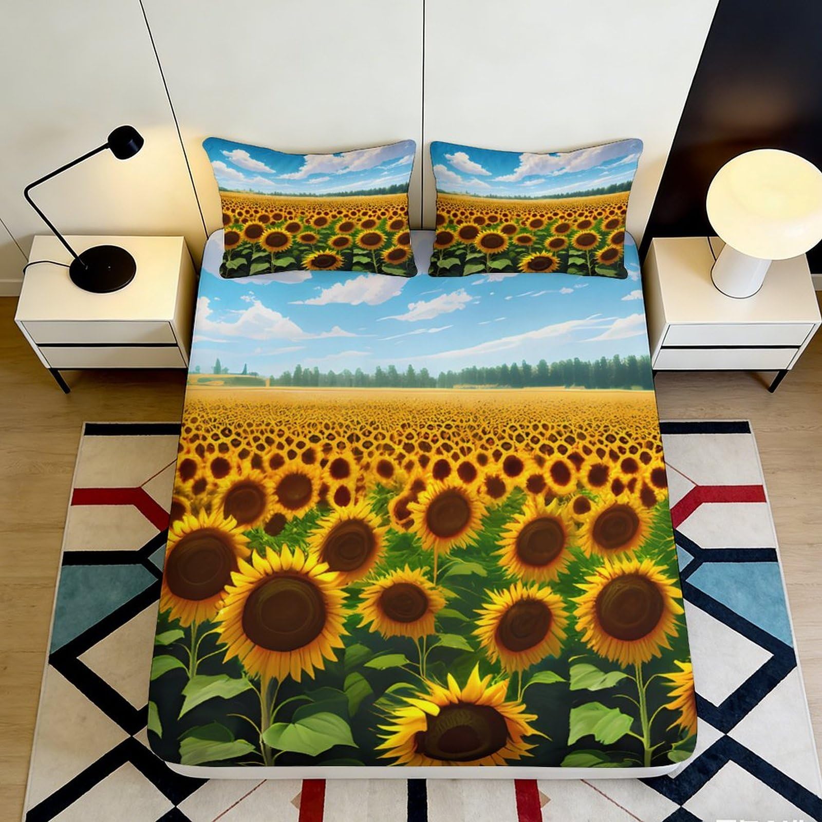 3D Printed Sunflower Field Fitted Sheet Microfiber Soft Sky Landscape Mattress Cover for Bedroom Guest Room Decor 90x200x25cm