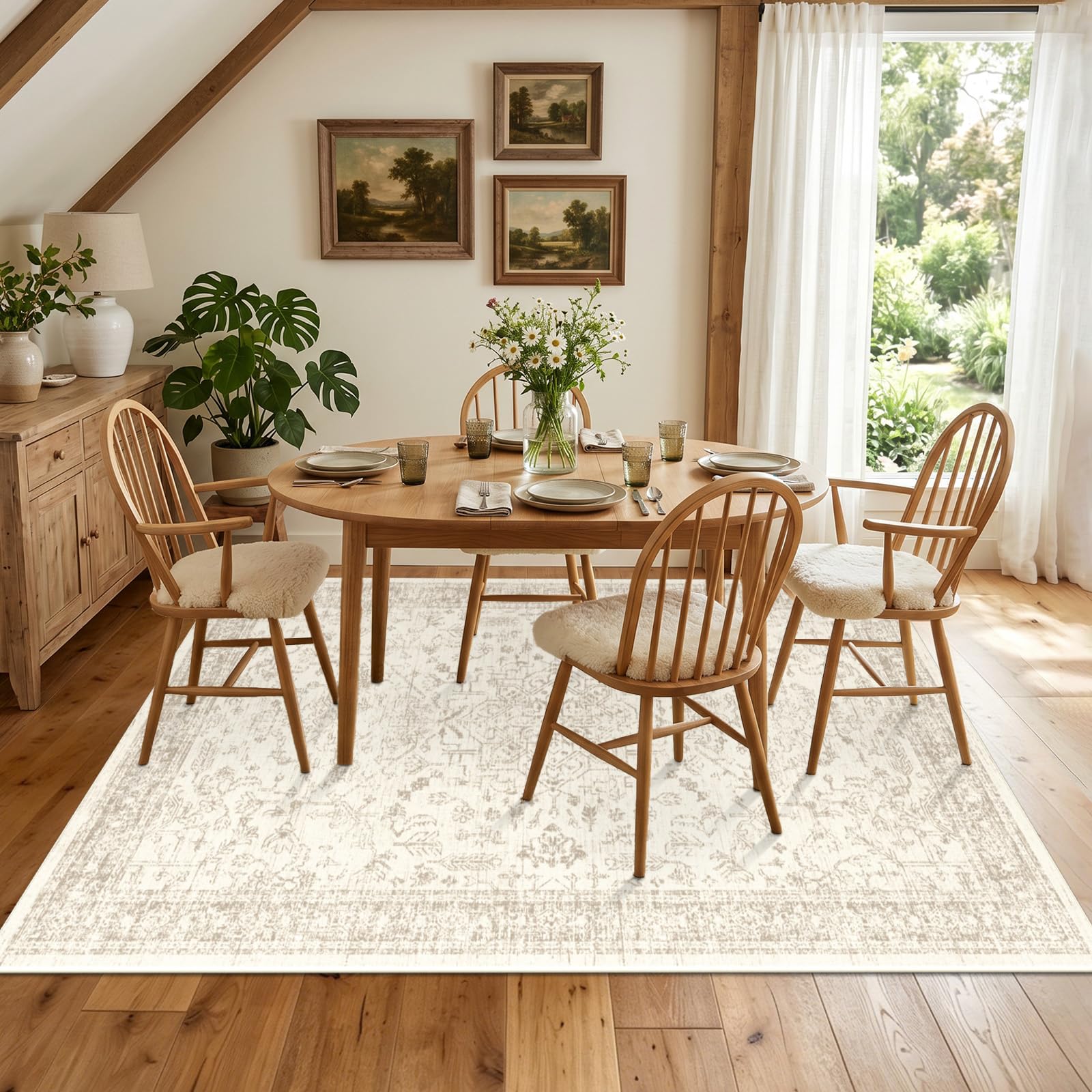 Tapis Vintage Beige 120x180cm Lavable antidérapant Poil Court pour Salon, Chambre, Bureau, Cuisine