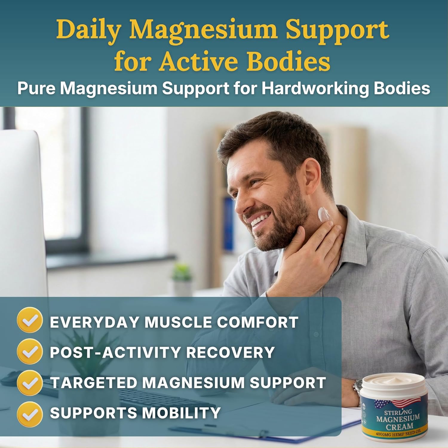STIRLING Magnesium Cream 2000mg Hemp Seed Oil, Dead Sea Magnesium & Arnica Supports Joint Mobility & Muscle Function Non-Greasy, Fast Absorbing Made in USA
