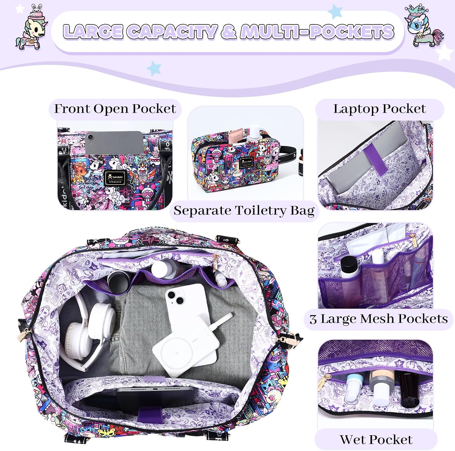 Tokidoki Travel Duffle Bag for Women, Weekender Bags with Shoe Compartment, Carry on Overnight Bag with Toiletry Bag, Gym Duffel Bag with Wet Pocket, Hospital Bags for Labor and Delivery