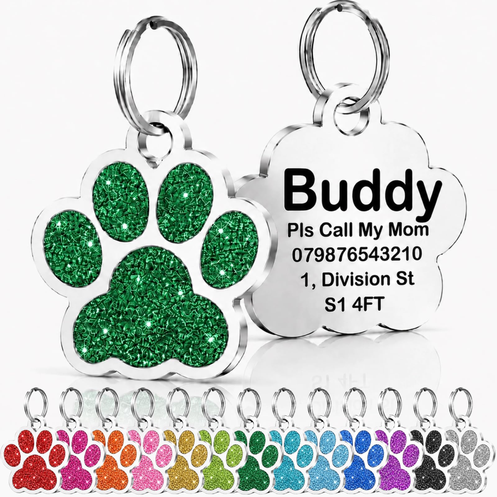 Personalised Cat Tags, Dog Tags for Pets UK Prime, Deep Engraved Pet ID Tags for Dogs & Cats, Glitter Paw Print Stainless Steel Cat Name Tag, Doggy Cat Kitten Kitty Puppy Tag (Dark Green Paw, L)