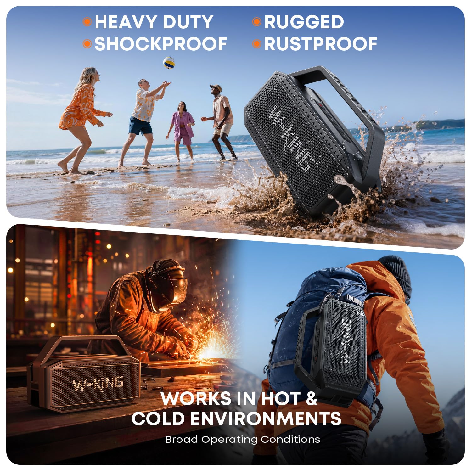 W-KING Subwoofer'lı Taşınabilir Yüksek Bluetooth Hoparlörler, 60W Dış Mekan Hoparlörleri Bluetooth Kablosuz Su Geçirmez Hoparlör, Derin Bas/40H/TF/AUX