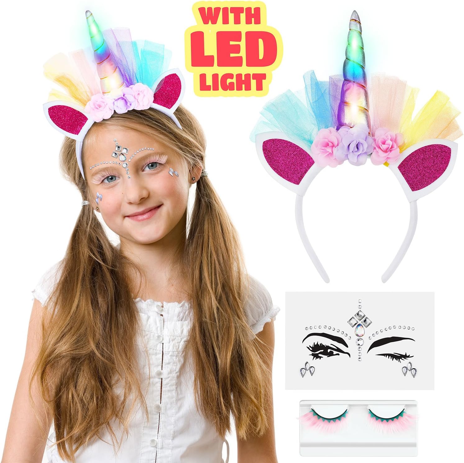 LED Unicorn Headband With Eyelashes And Face Jewelry Set for Toddlers, Children, Teens, Adults For Party. Decorative Floral Headpiece Long Lasting Flashing Lights. Glow In The Dark With On/Off Switch.