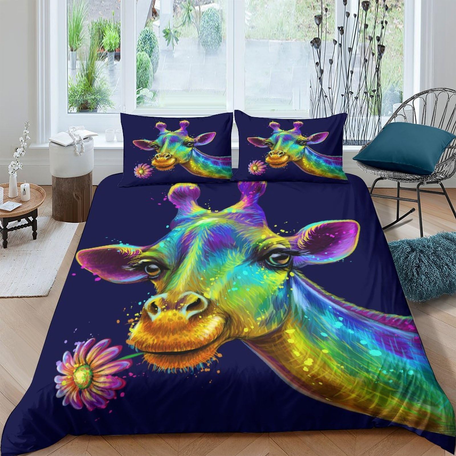 GPLZQXKJNH 3D Printed Rainbow Giraffe Duvet Cover Set Microfiber Soft Breathable Psychedelic Animal Bedding with 2 Pillowcases for Bedroom Single（135x200cm）