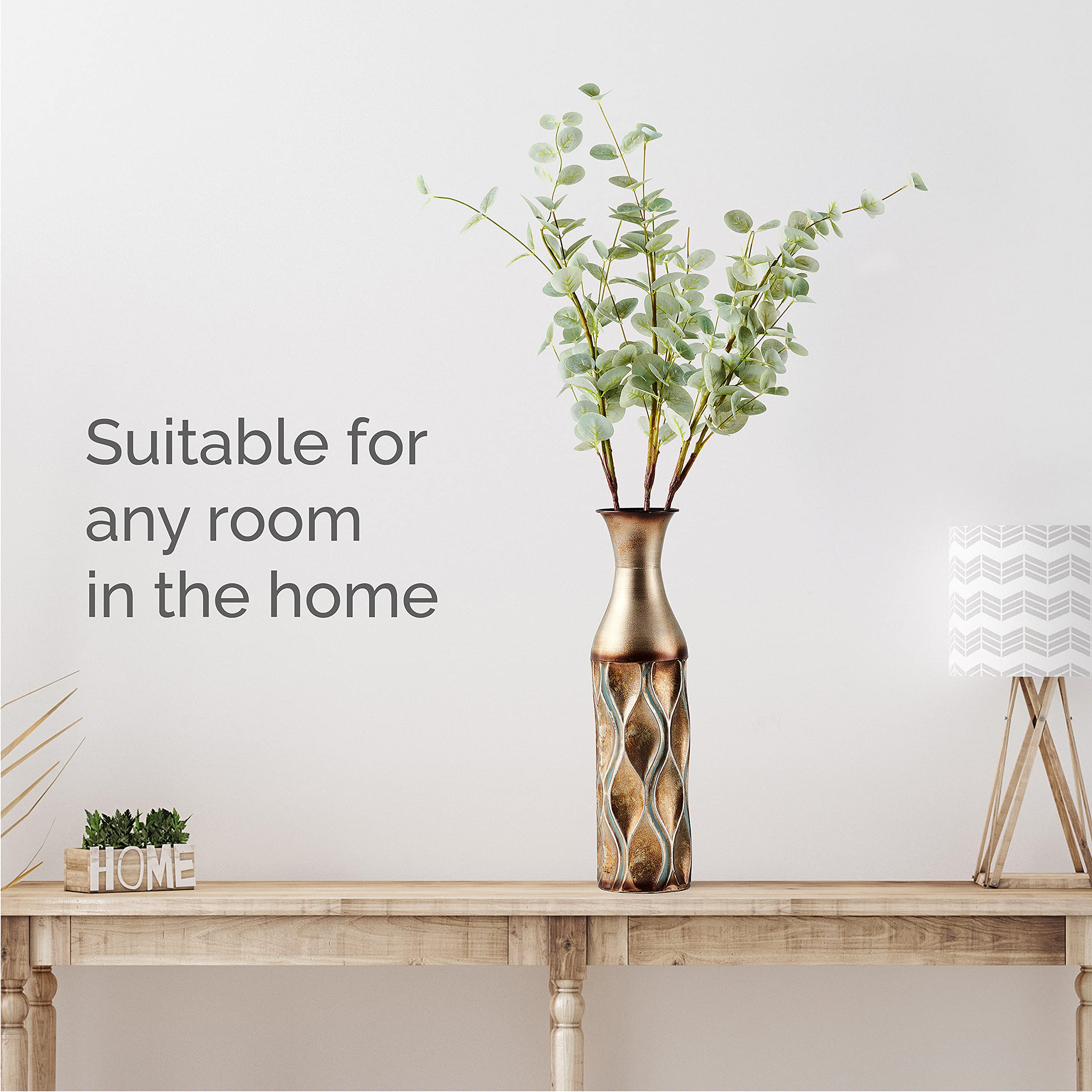 Embossed Gold Wave Metal Vase-Table Centerpiece Home Décor for Dried Flower and Artificial Floral Arrangements, Living Room Décor, Bedroom Décor, Decorative Vase, 17-Inch