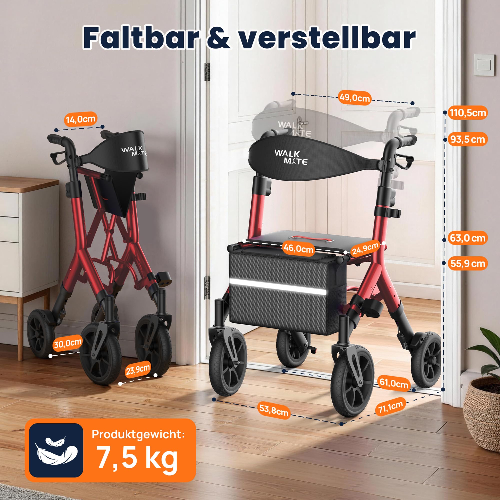 WALK MATE Rollator Faltbar und Leicht mit Sitz für Große Menschen bis 2m | Rollatoren Schmal für Wohnung,Höhenverstellbar,25cm Reifen und Versteckten Bremskabeln für Senioren,Drink Holder, Aluminium