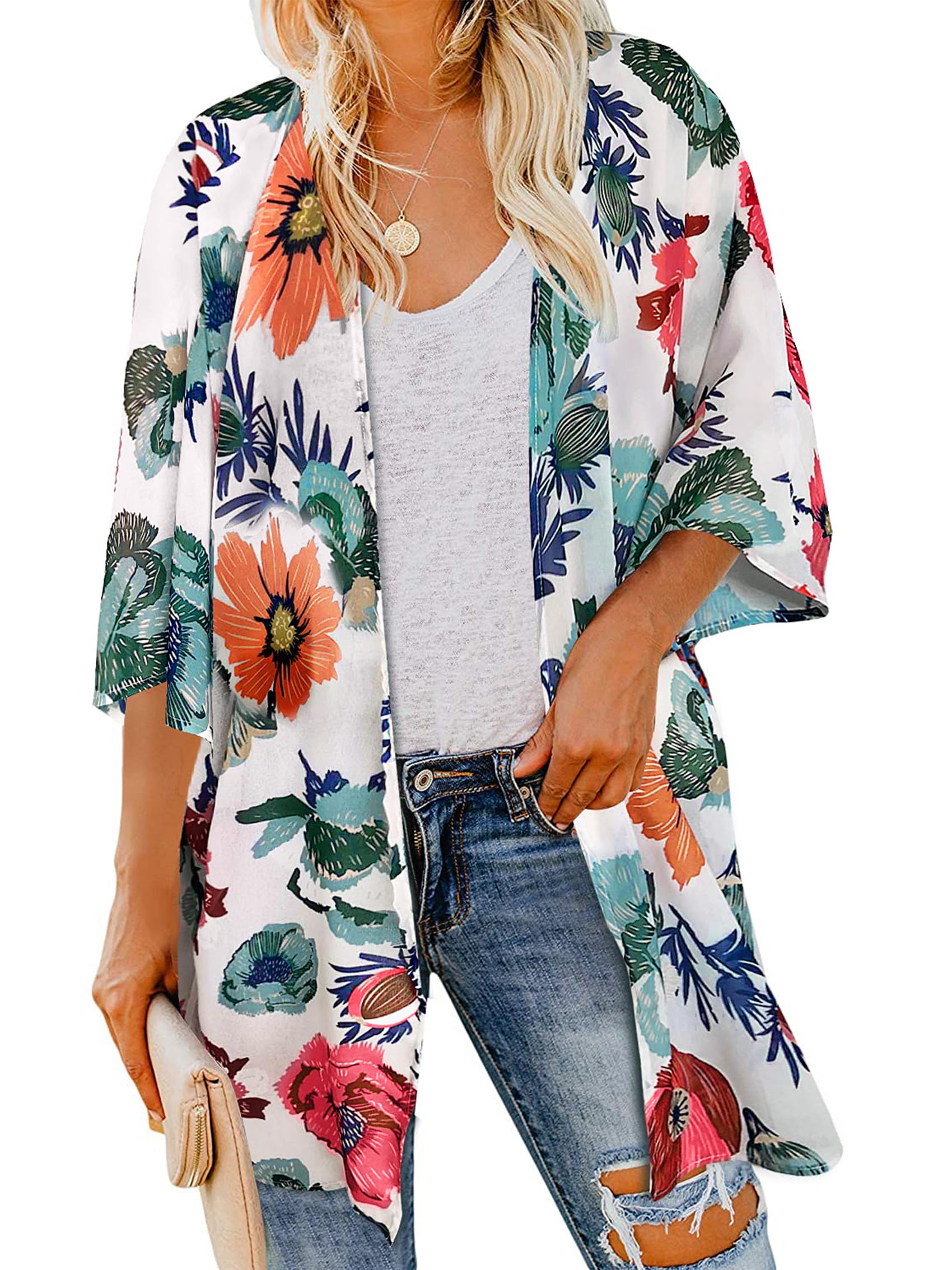 Women's Floral Print Puff Sleeve Kimono Cardigan Loose Cover Up Casual Blouse Tops, Dasiy White Flower, Large