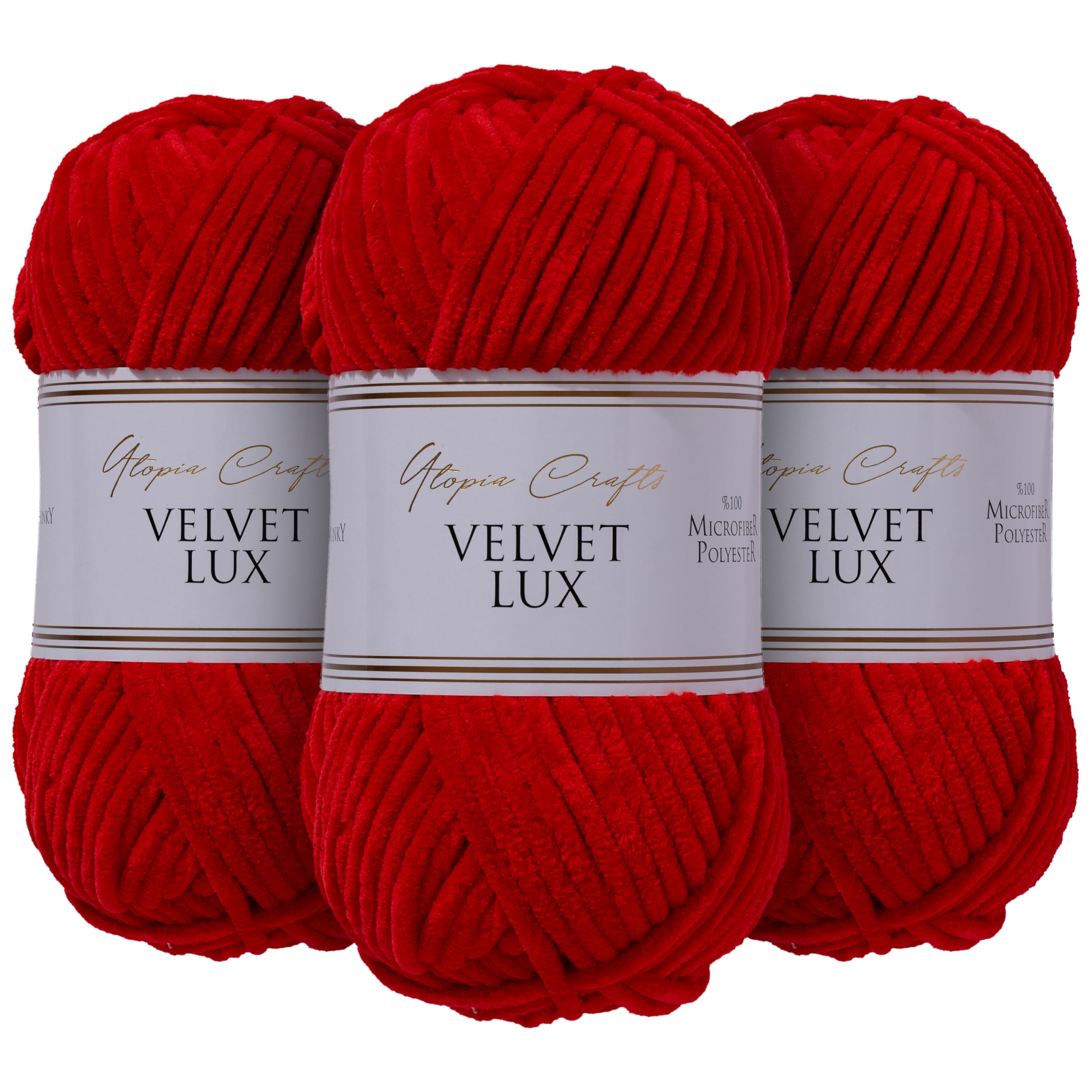 Utopia Crafts Velvet Lux Chenille Super Soft Chunky Yarn for Knitting and Crochet Yarn 3X 100g (Red)