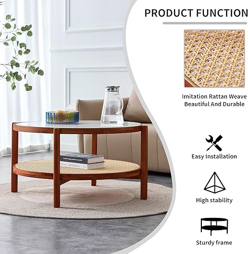 Miniatura 4 de LKTART Mesa de centro moderna de ratán de imitación redonda de 2 niveles de madera maciza para sala de estar, dormitorio, oficina