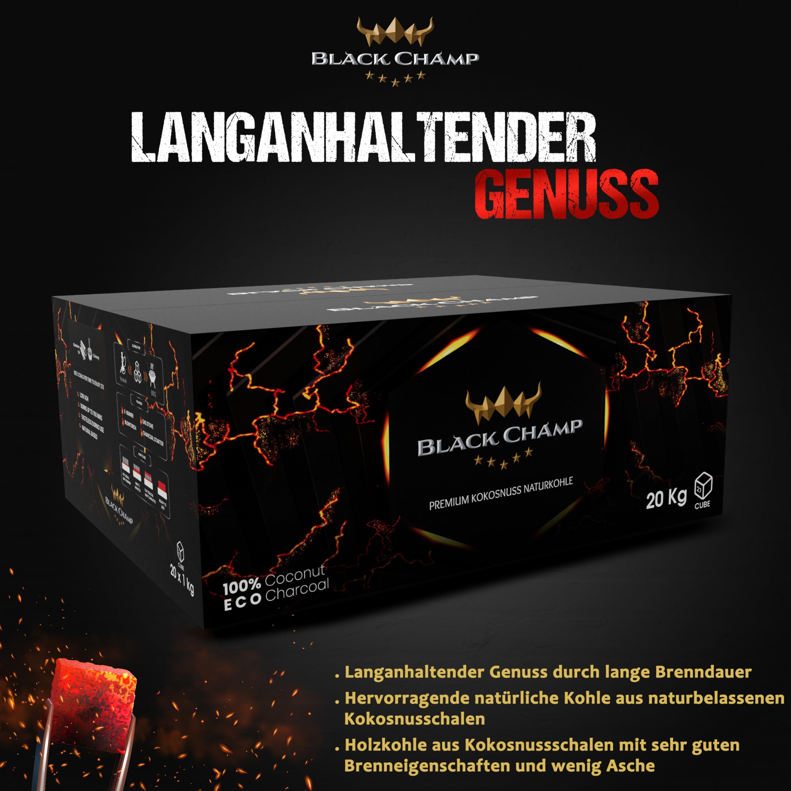 Shisha Kohle | 27 mm | 20 kg | Black Champ | Premium Naturkohle aus Kokosnussschalen| Für Shisha und Grill