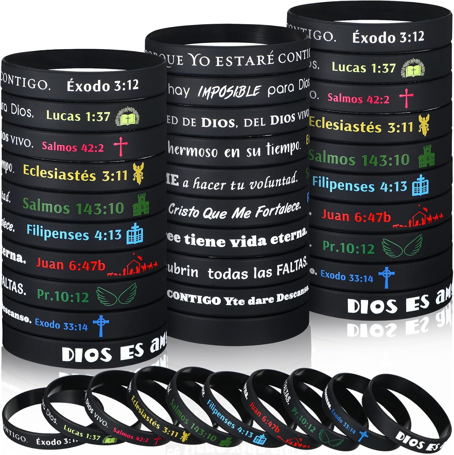 Foilswirl 100 Pcs Spanish Bible Verse Rubber Wristbands Christian Silicone Wristbands Spanish Rubber Bracelets Jesus Inspirational Bracelets for Adult Women Men Religious Gifts Church(Dark)