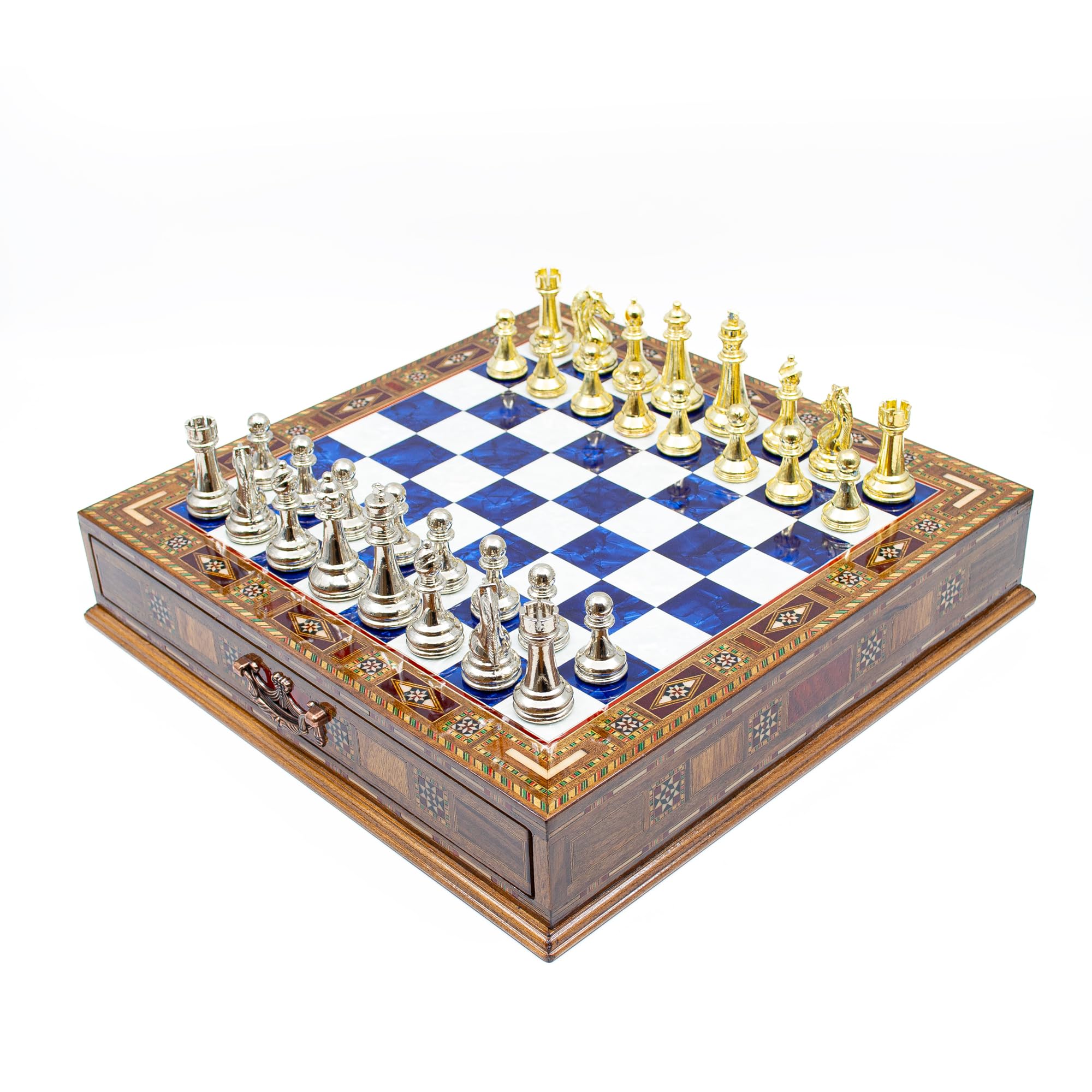 Juego De Ajedrez De Lujo Hecho A Mano Con Piezas De Metal Dorado Y Plateado | Tablero De Madera Con Cajón Para Almacenaje