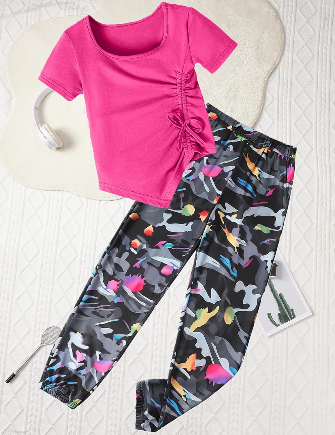 Girls Clothes Size 8 Irregular Ruched Drawstring Short Sleeve Top and Camouflage Pants 2Pcs Girls Camo Outfits Sets - Image 4