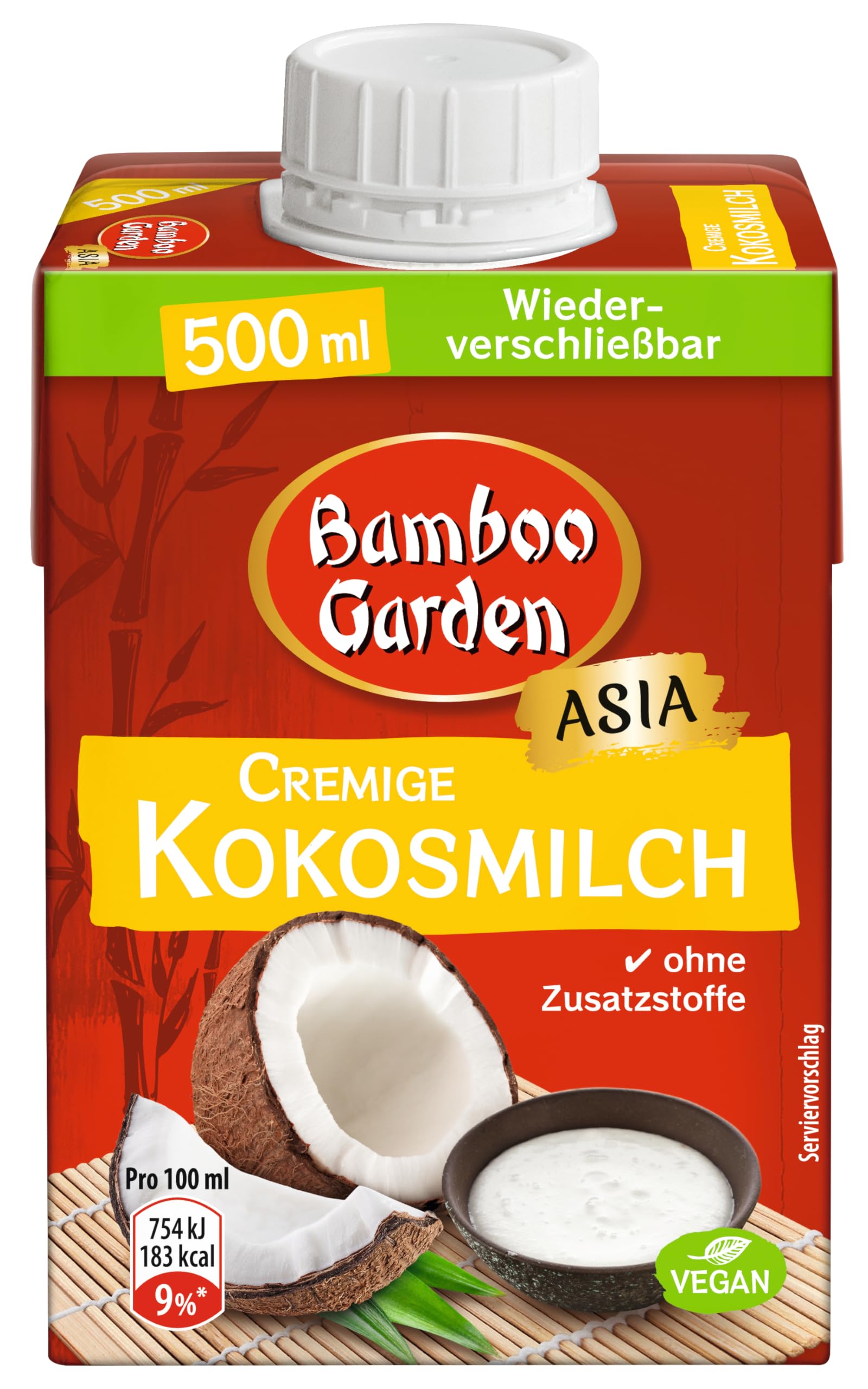 Bamboo Garden - Kokosmilch in wiederverschließbarem Tetrapack | 500 ml | Cremige Kokosnussmilch zum Kochen und Backen
