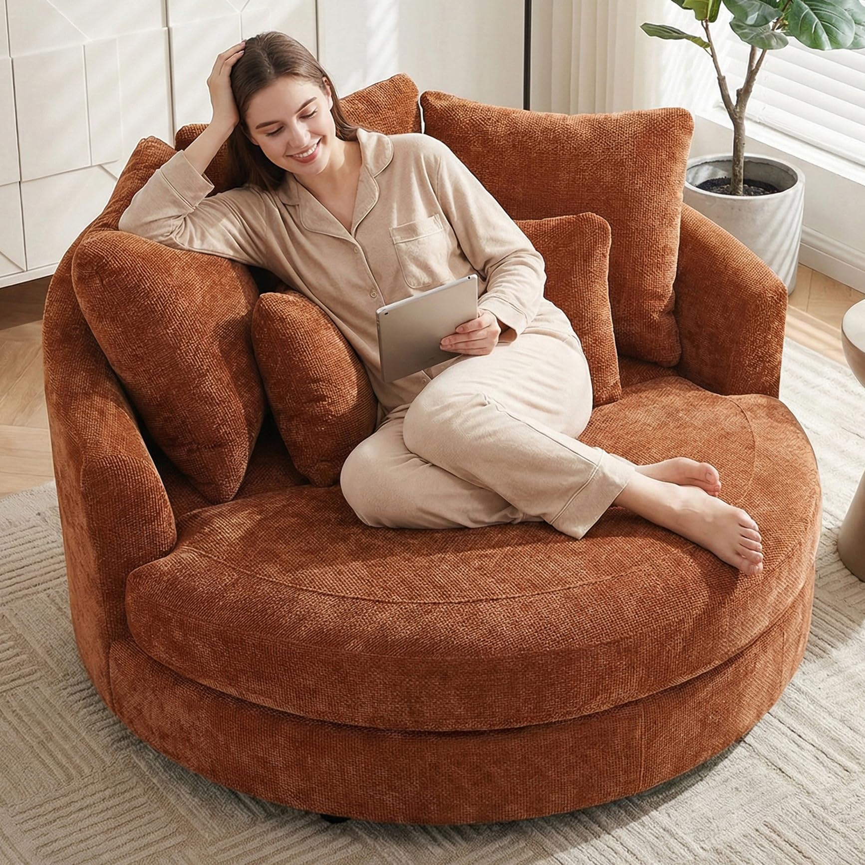 Aoiy & Wifon 59.8" W Oversized Barrel Chair, Round Accent Chair with Wheels, Extra Large Living Room Chair, Knitted Chenille, Burnt Orange